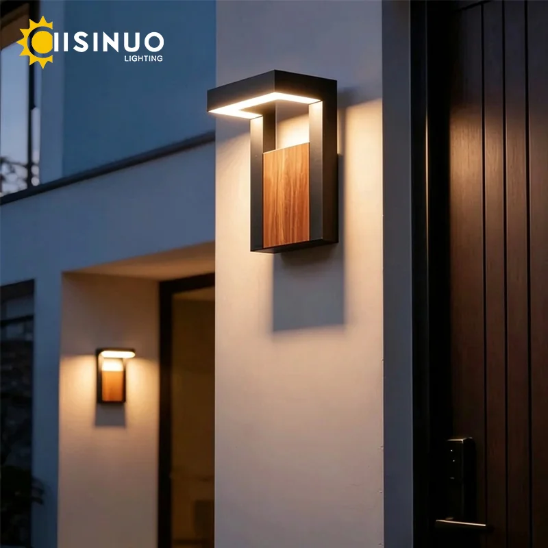 Modern Wood Grain Texture LED Wall Light IP65 Waterproof Up Down Sconces Warm White Exterior Lamps for Villas Courtyards Balcony