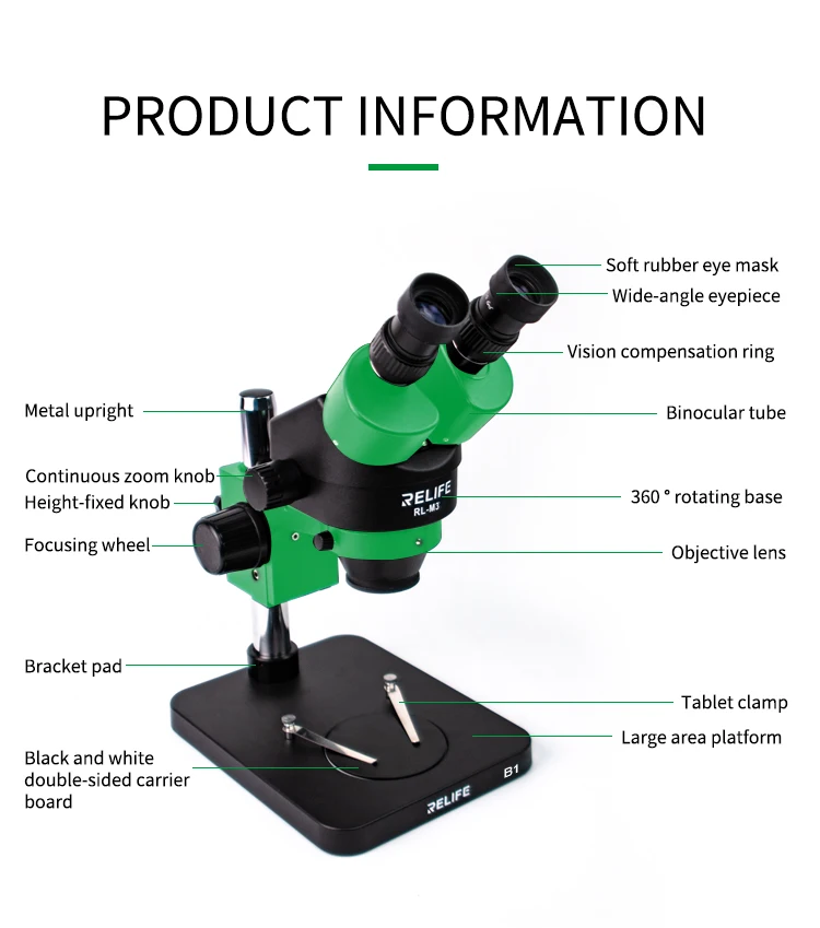 

Stereo Binocular Microscope, 7-45X Continuous Zoom Magnifier for Phone PCB Electronic Repair Device, RL-M3