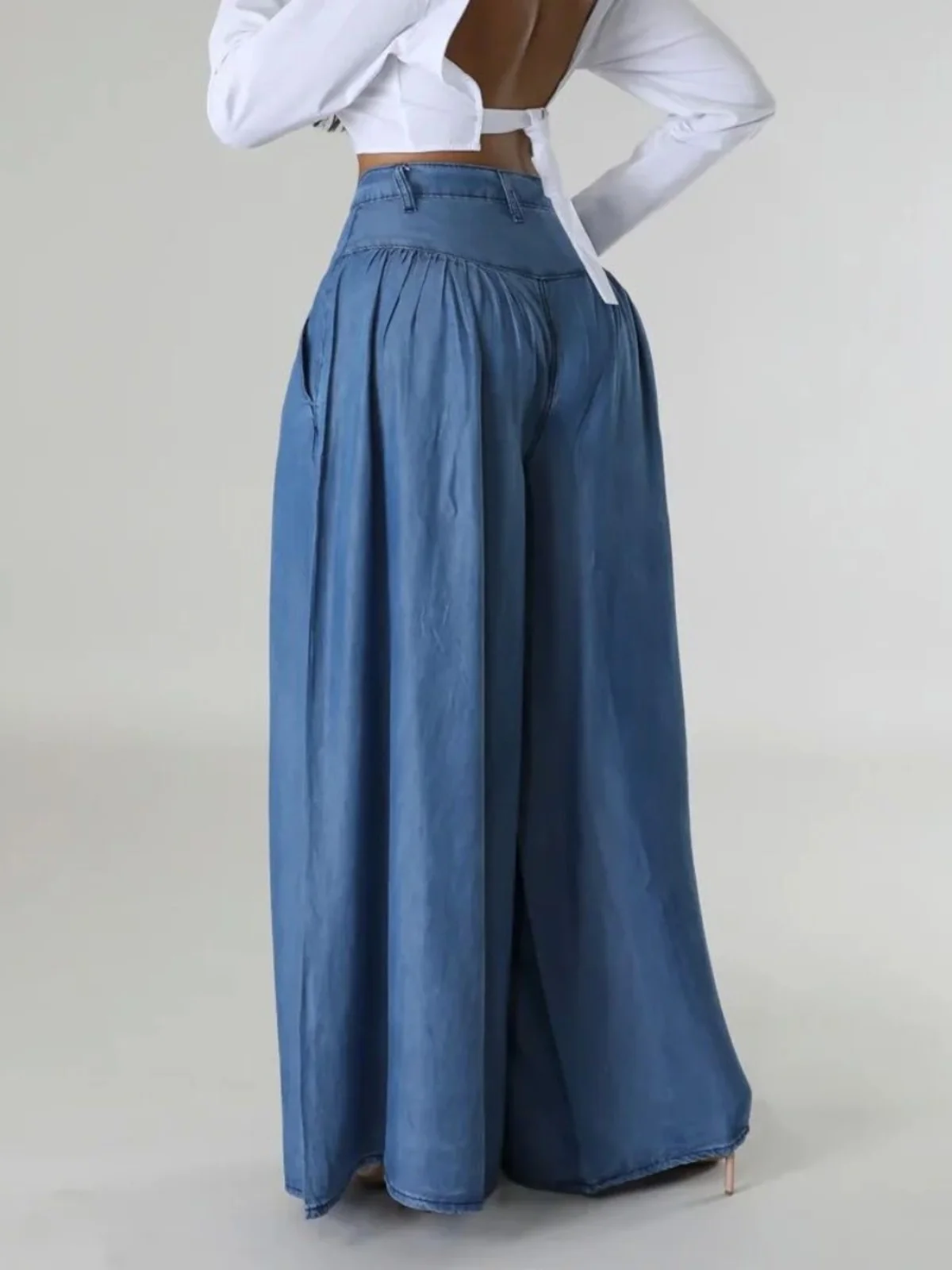 Vaqueros de Cintura Alta con Pierna Ancha, Plones de Estilo Urbano, Ajuste Hoado, Plones Largos, Vaqueros de Campan...