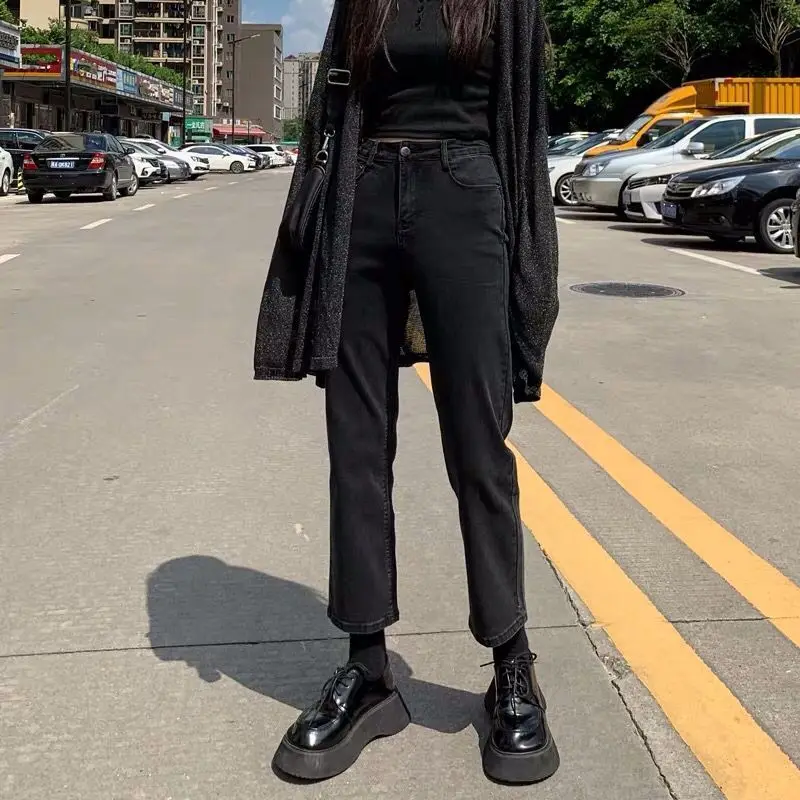 

Джинсы женские черные до щиколотки с карманами для брюк тонкий шикарный уличный универсальный прямой повседневный джинсовый эластичный бойфренд с высокой талией