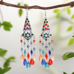 New Bohemian Rhinestone Water Drop Earrings for Women Ethnic Long Crystal Tassel Earring Party Vacation Jewelry