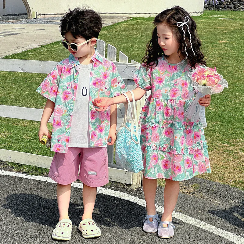 Vacation Summer Kids Baby Boy Flower Shirts 2PCS Suit Cotton Print Bubble Short Sleeve Little Girl Dress Outfit Siblings Clothes