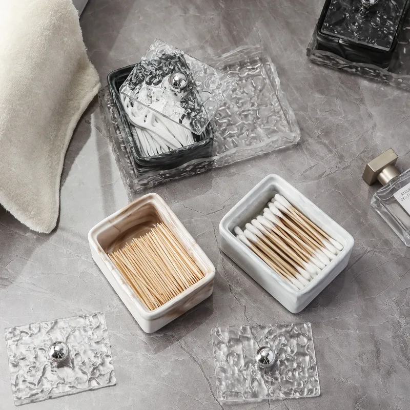 1pc Ceramic covered cotton swab box Desktop toothpick storage jar Acrylic tray  Bathroom accessories Living room desktop decor