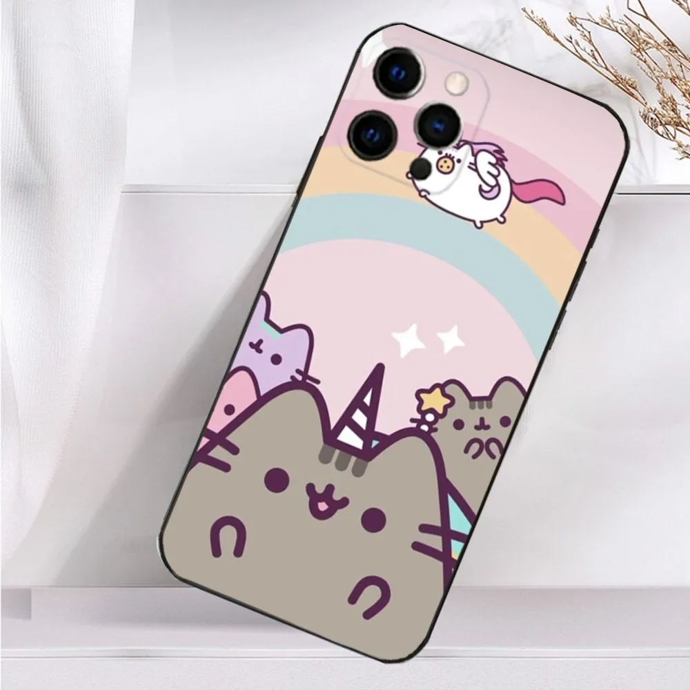 Cute  Cartoon P-Pusheen Cat Phone Case For iPhone 16,15,14,13,12,11 Plus,Pro Max,XS,X,XR,SE,Mini,8,7 Soft Silicone Black Cover