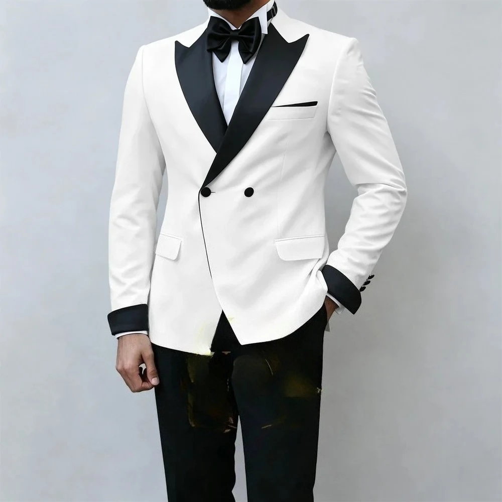 Men's White Formal Jacket (Black Lapels, Double-Breasted) — Suitable for Weddings, Proms, Parties, and Groom's Attire