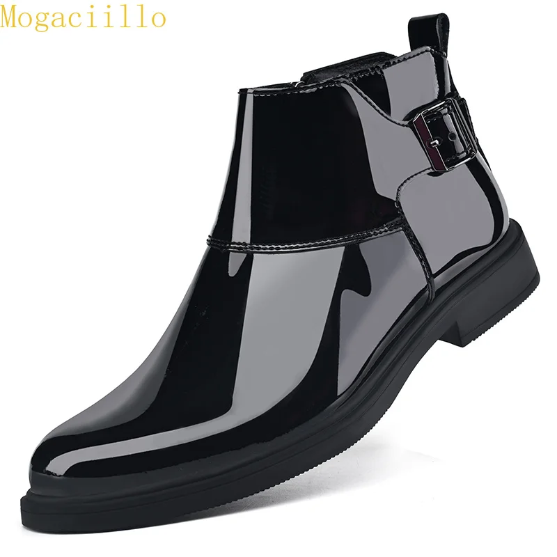 Brand Men's Black Gloss Patent Leather Ankle Boots High Quality Buckle Decor Chelsea Boots Genuine Leather Business Casual Shoes - view 6