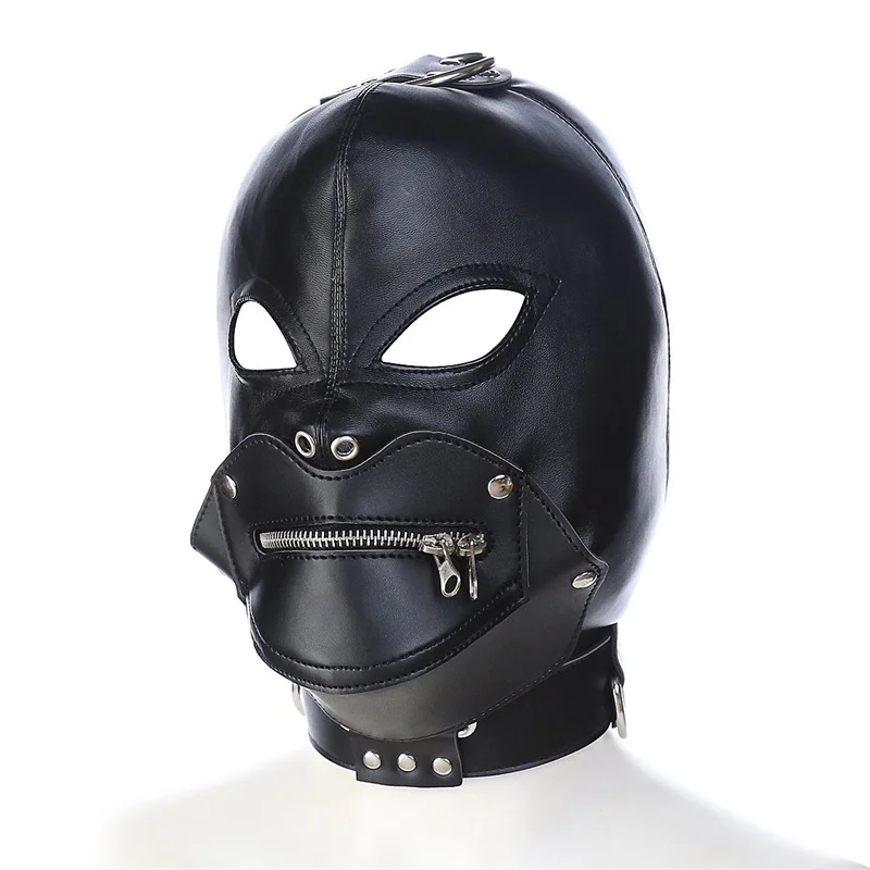 Sexy Black Pu Leather Men Face Mask Fetish Cosplay Party Mask Gay Adult Games Full Head Masks Officer Role Play Performance Mask