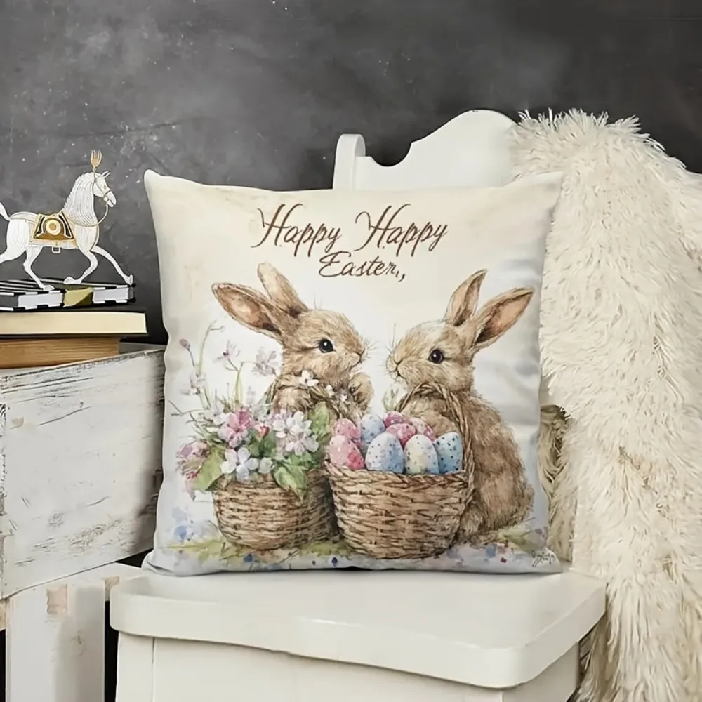 VIKAMA Kissenbezug mit Cartoon-Hasen-Osterei-Print. Dekorativer Kissenbezug für Schlafzimmer, Wohnzimmer und Arbeitszimmer, Oster-Heimdekoration