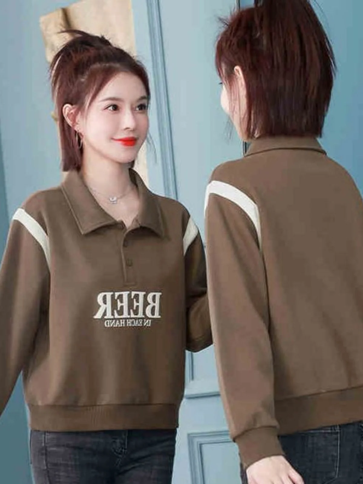 Spring Autumn Loose Long Sve Sweatirt Women ort Faion Casual Turn-down Collar Doll Collar Base irt Top