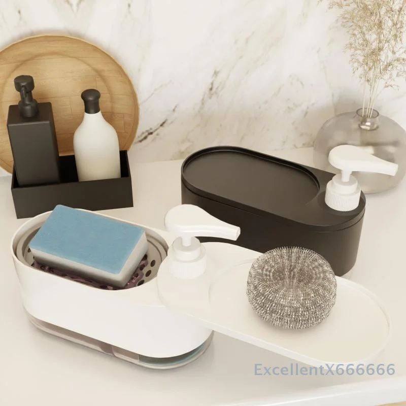 スポンジホルダー付きデュアルソープディスペンサー、手動プレス式ソープボックス、キッチンシンク用ハンド＆ディッシュソープディスペンサー、洗剤ディスペンサー