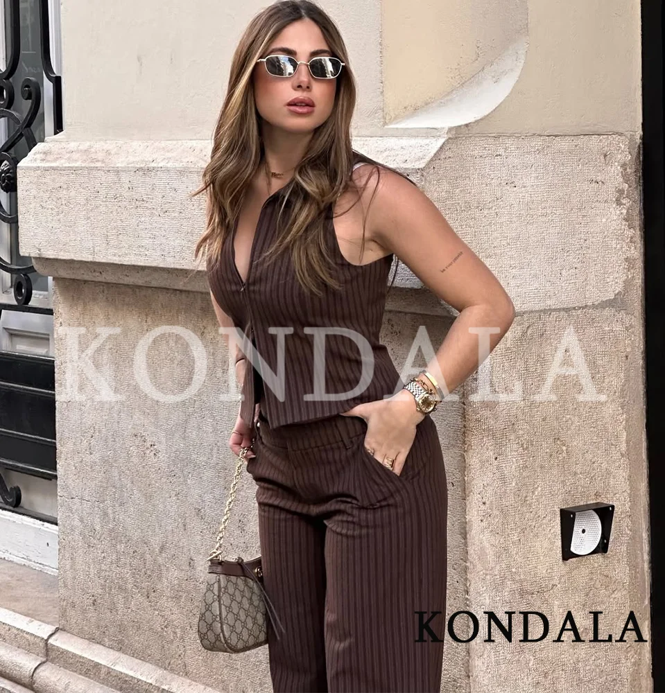 KONDALA Ensemble Chic Vintage Rayé pour Femme : Gilet Tendance Zippé et Pantalon Taille Basse – Nouvelle Collection Été 2026 – Style Urbain Chic