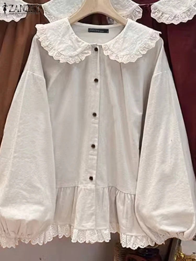 

ZANZEA 2025 Autumn Women Shirts Sweety Lace Splicing Doll Collar Ruffles Tops Loose Casual Lantern Long Sleeve Blouses Blusas