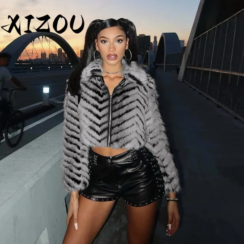 

XIZOU 2025 Fall Women Furry Crop Jacket Casual Warm Winter Hipster Lapel Full Sleeve Zip Luxury Coat Outerwear Y2k Streetwear