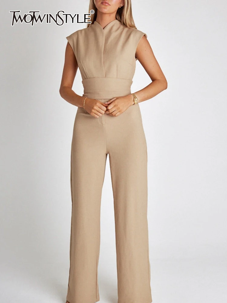 

TWOTWINSTYLE Solid Minimalist Jumpsuits For Women V Neck Sleeveless High Waist Temperament Wide Leg Jumpsuit Female Fashion 2023