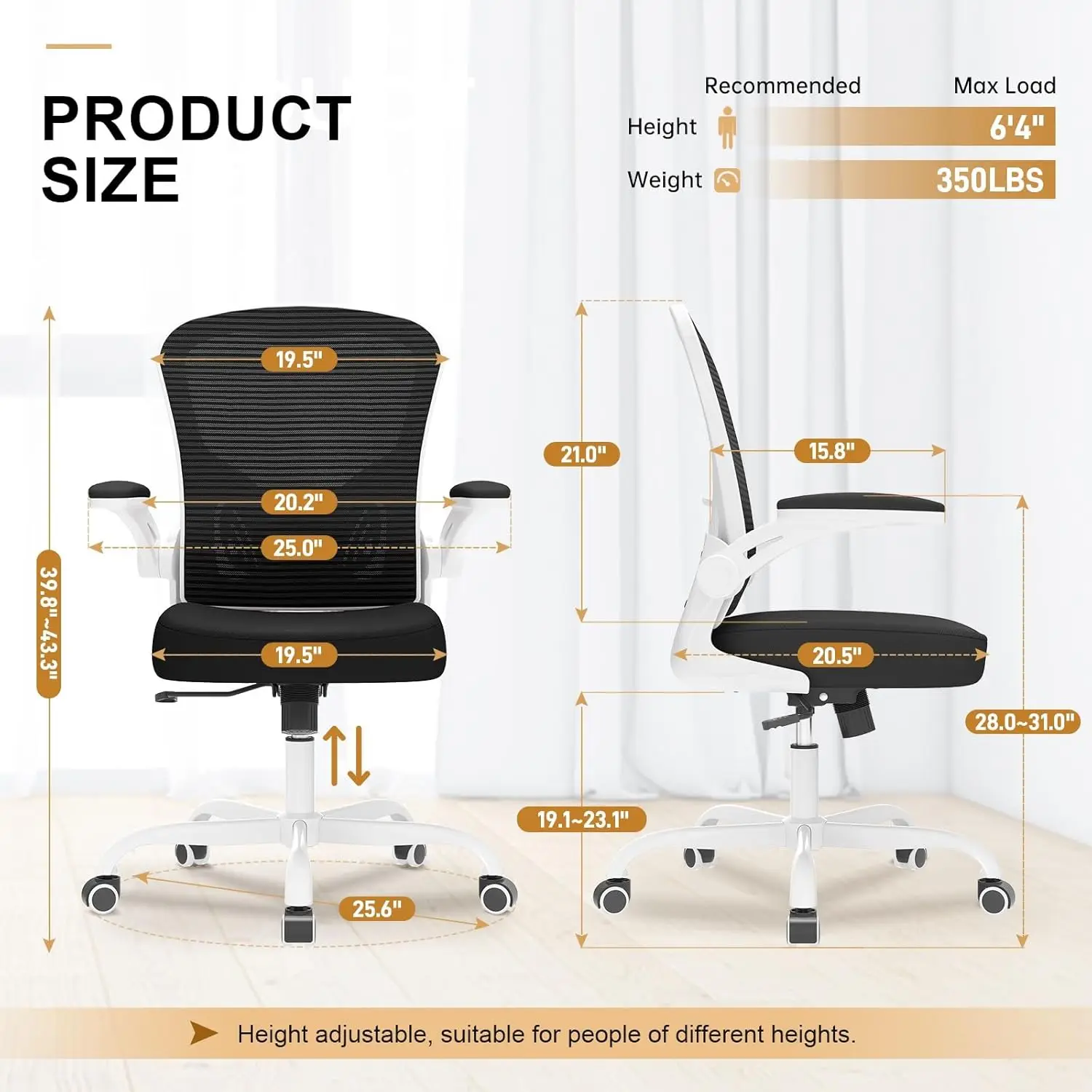 Luxury Ergonomic Office Chair 330Pound Capacity Mesh Computer Chair With Flip Armrests Chair Adjustable Lumbar Support