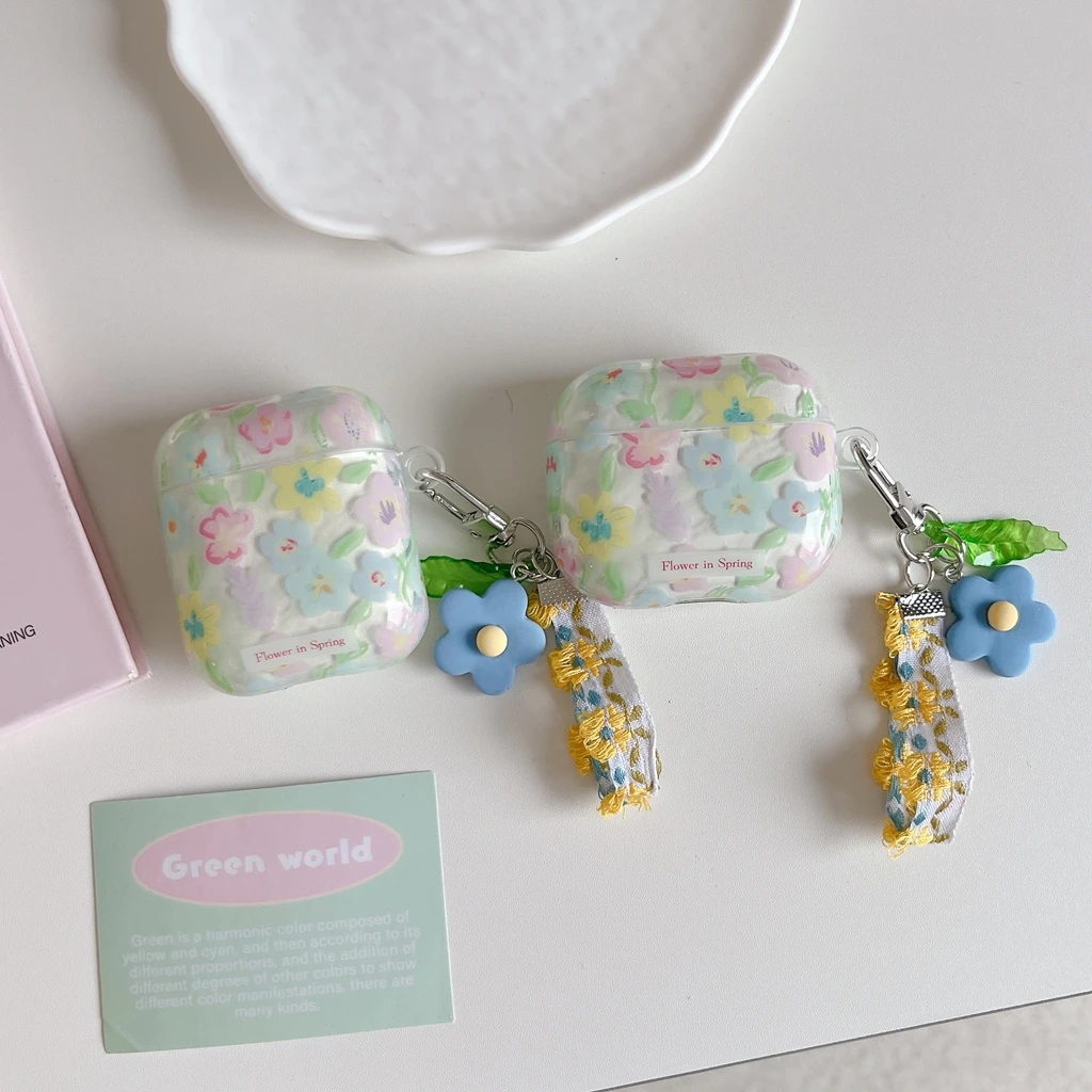 Fresh Sweet Girlish Style Colorful Flower With Pendant Shock Proof Earphone Cover Case for AirPods 1 or 2 3 4 Pro 2 Pro 3