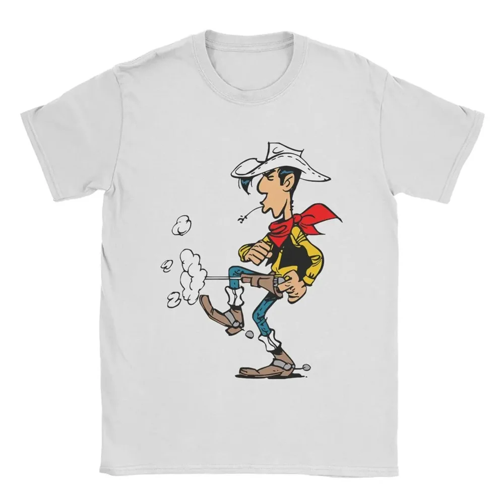 Summer Funny Men\'s T-Shirt Lucky Luke Cartoon 100% Cotton Tops Tee Crazy Short Sleeve O-Neck Large Size T-Shirt for Men Clothing