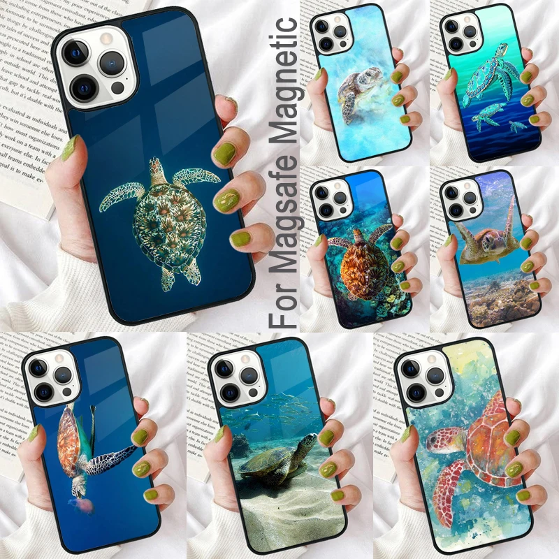 Sea Turtle Swimming Magnetic Soft Phone Case for iPhone 16 Promax 15 Pro 13 14 Plus 11 12 Mini MagSafe Coque