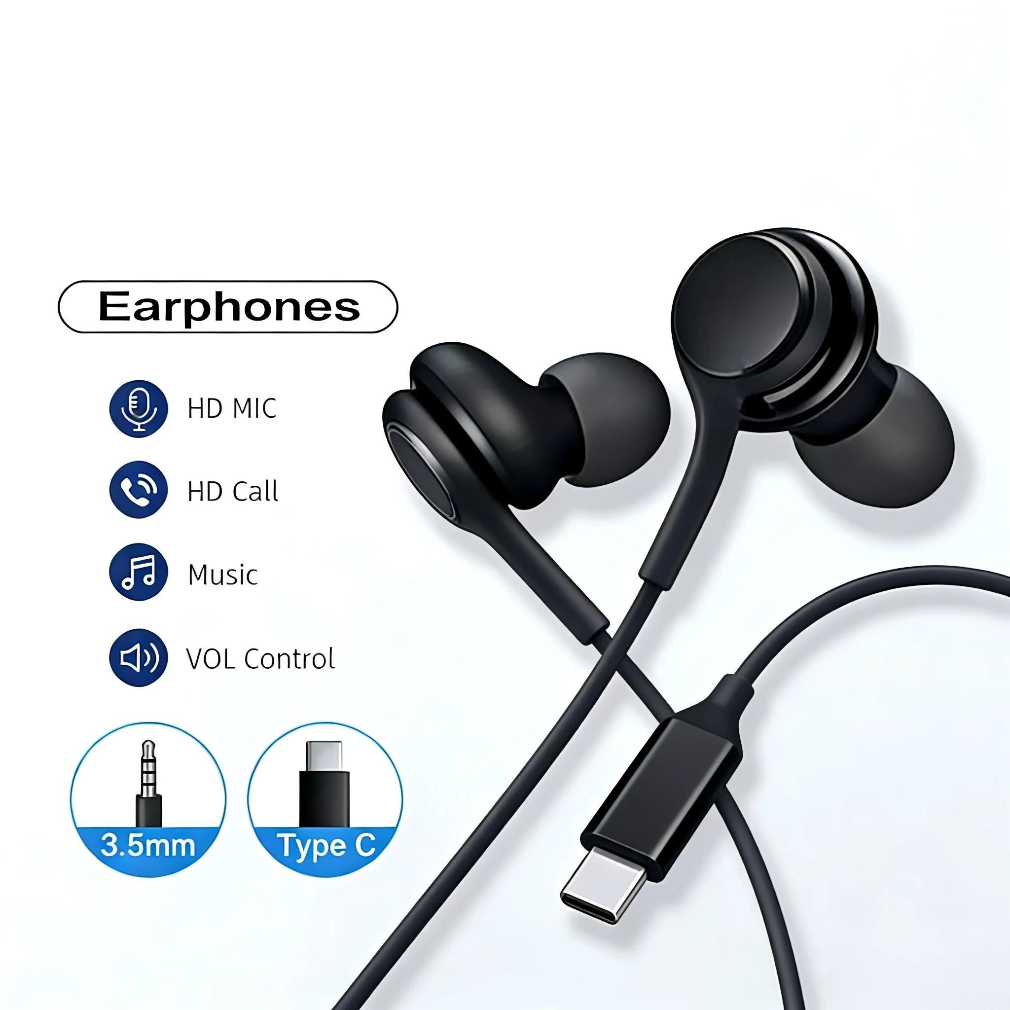 Type C Wired Earphone For Samsung Galaxy S24 S23 S22 S21 Ultra Plus Fe 3.5mm Earbud Headphones For A54 A34 A53 Phone Accessories