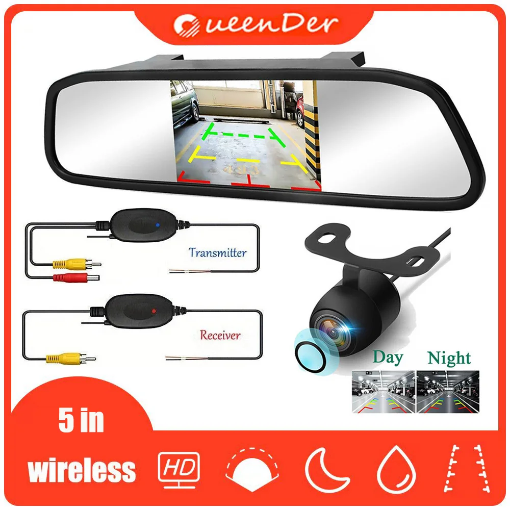 QueenDer Wireless 5 inch Rear View Mirror Monitor + Car Backup Camera Kit Night Vison Camera for Car, Pickup, SUVs, Vans