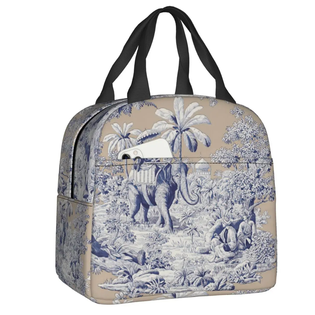 Custom Navy Blue Toile De Jouy Elephant Motif Insulated Lunch Bag for Work School Cooler Thermal Bento Box Women Children