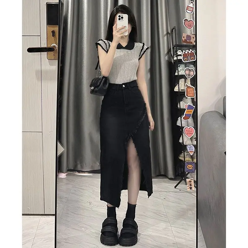 Doll Collar Contrasting Colors Knitting Tops Lapel Collar Short Sleeved Lady Summer Slim Appear Thin Comfortable Casual T-shirt