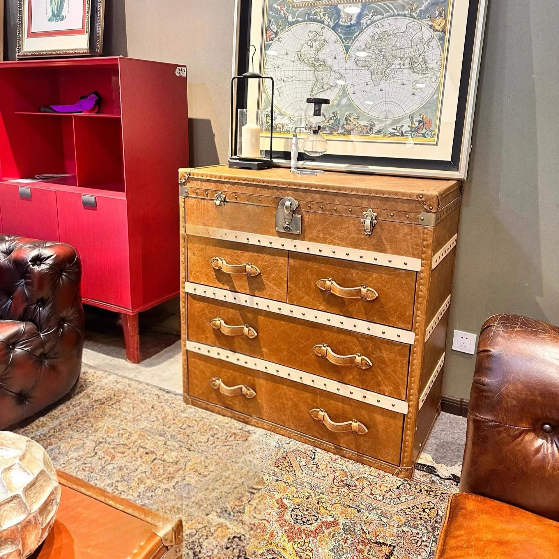 Medieval caramel color, side cabinet, cigar bar, entrance cabinet, classic oil wax leather, coffee table cabinet, locker