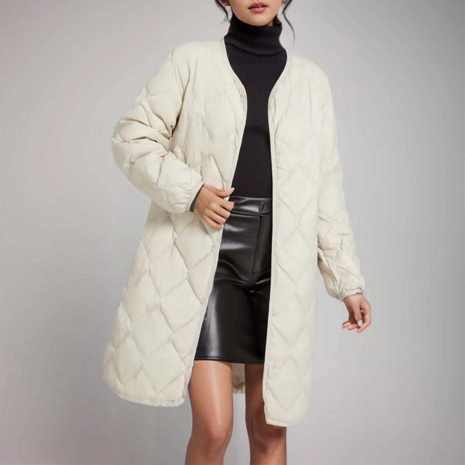 Winter Women Duck Down Coat Ultralight V-neck Argyle Long Jacket  Casual Warm Comfortable Outerwear 2024 European Fashion Style