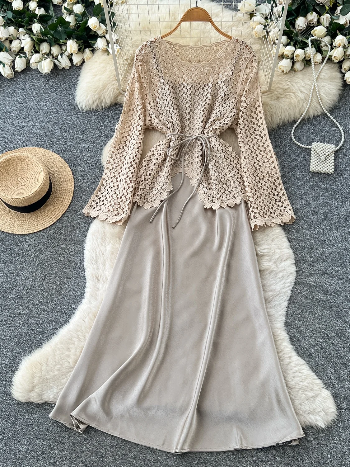 Elegant Lace Hollow out Cardigan Belted Waist Top High Waist Satin Dress Women's Autumn Set round Neck Long Sleeve Sunscreen