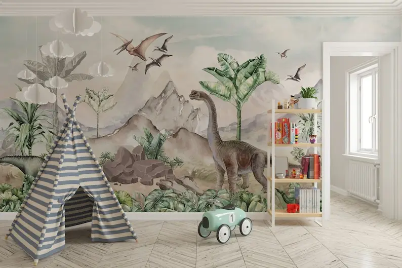 Watercolor Dinosaurs Kids Wallpaper, Dinosaurs Nursery Mural, Child Room Dinosaur Mural, Dinosaurs Nursery Wallpaper, Peel And S