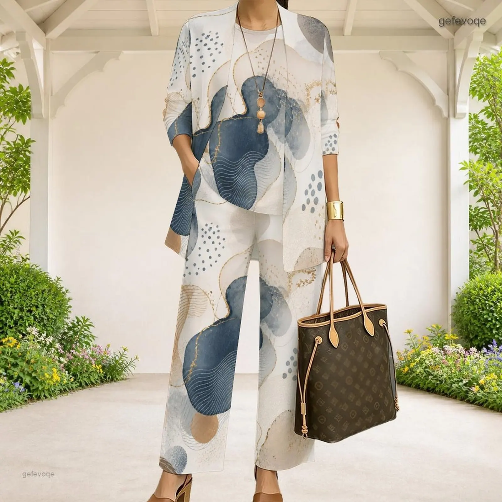 Women Abstract Printed Three Piece Pants Set 3/4 Sleeve Open Cardigan Matching Top Long Pants view 2