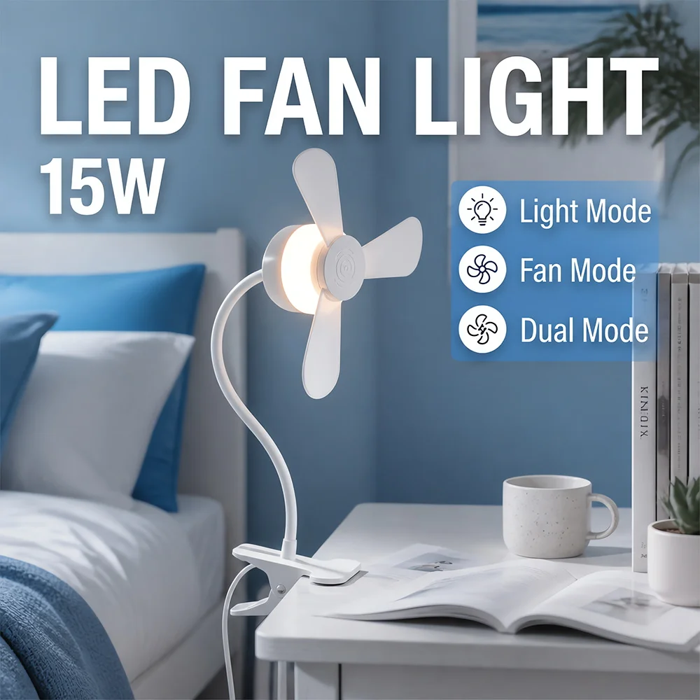 Clip on Fan Lamp LED Night Light Rotation Portable Mini Clip-on Fan 3 Speeds Quiet Cooling Dorm Bed Desktop Lamp