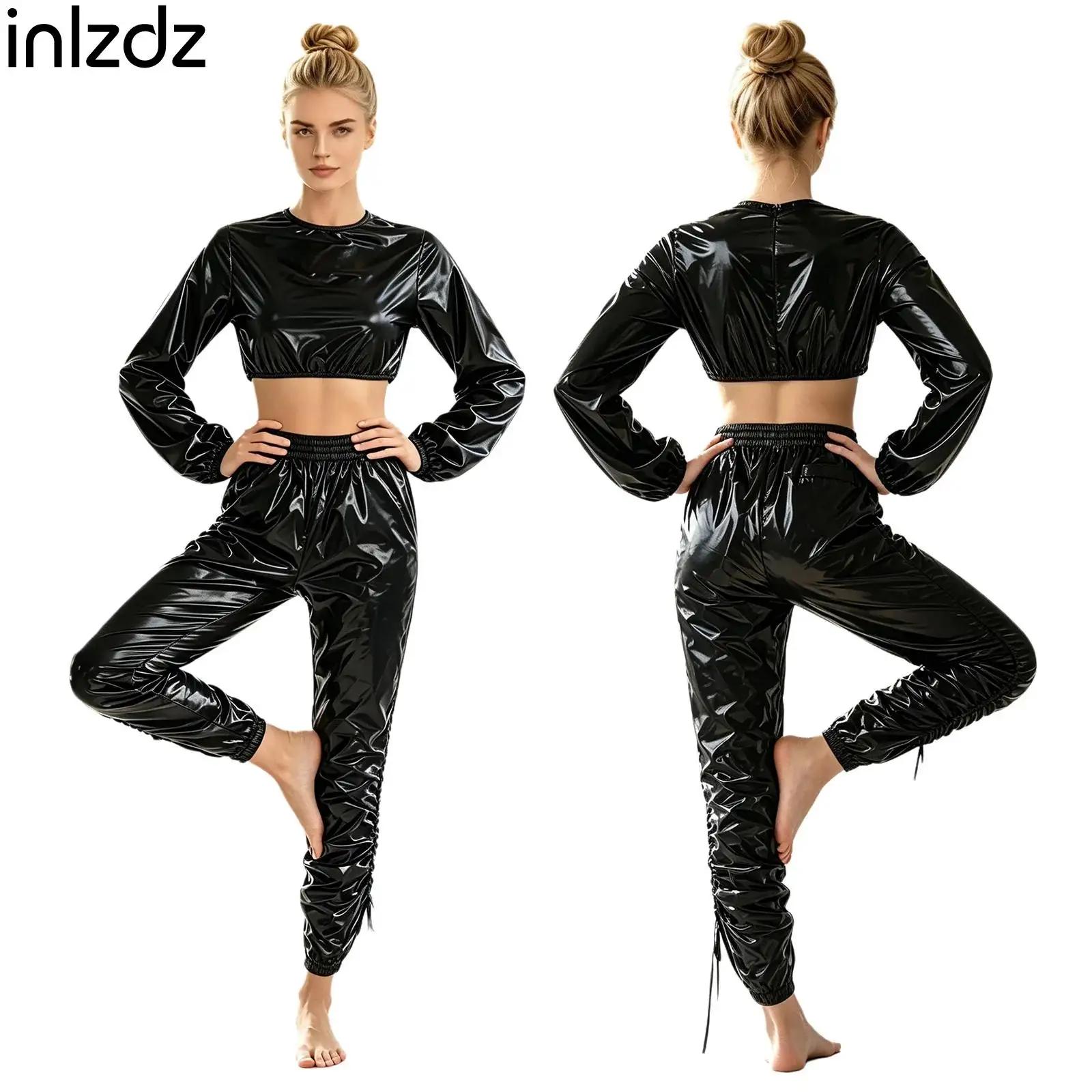 Vinyl Waterproof Workout Sweatsuit for Women Long Sleeve Crop Top Back Zipper and Elastic Waist Capri Pants with Side Drawstring