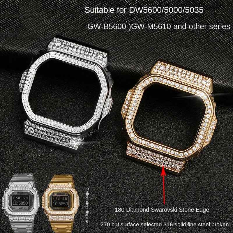 For Casio Watch Modification Men diamond Watch case strap DW5600/5610 GW-M5610 Soild Stainless Steel Watch Set Metal accessories