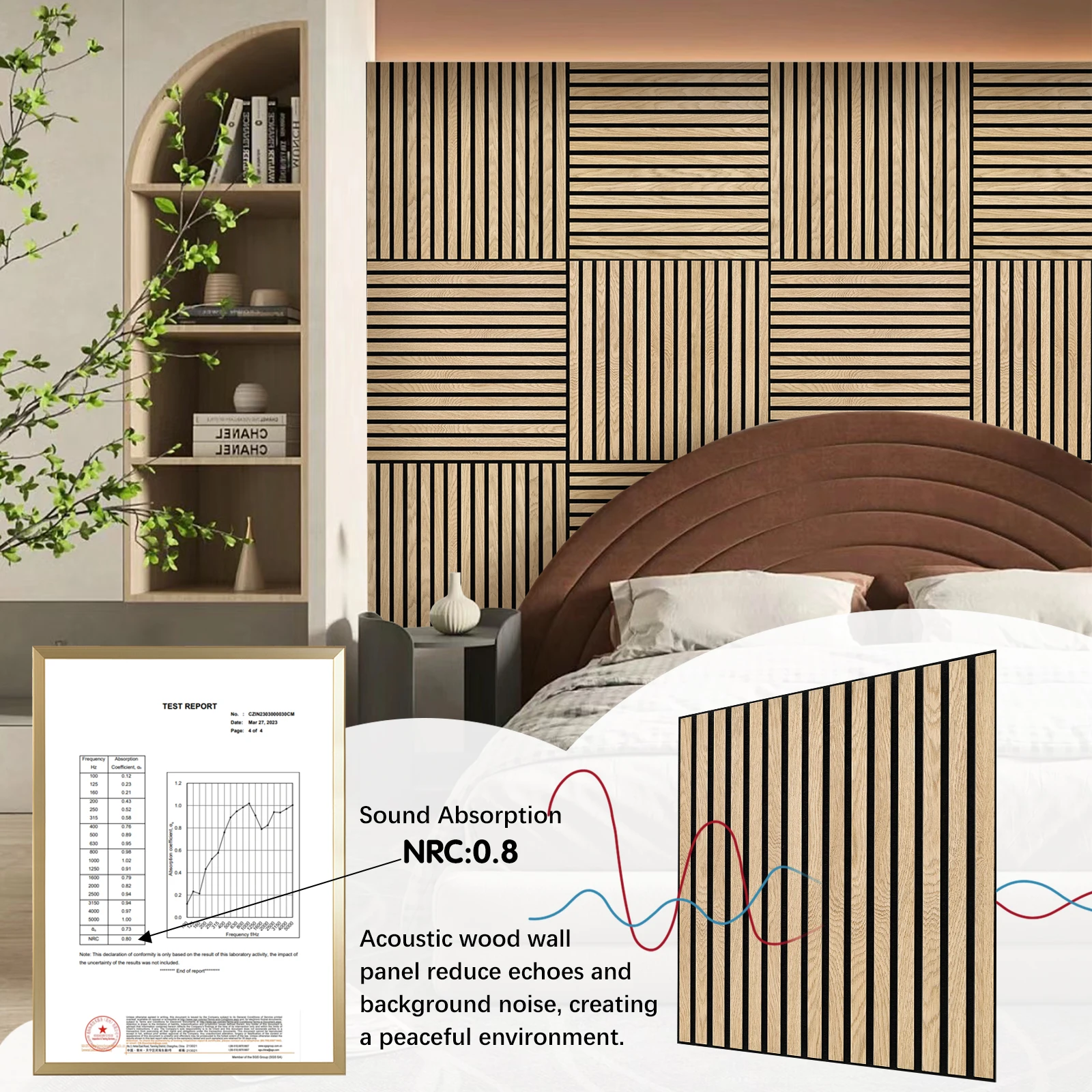 แผงผนังไม้ระแนง 4 ชิ้น，แผงอะคูสติกสำหรับผนังขนาด 23.6 นิ้ว×23.6 นิ้ว，แผ่นไม้วีเนียร์ไม้ธรรมชาติ
