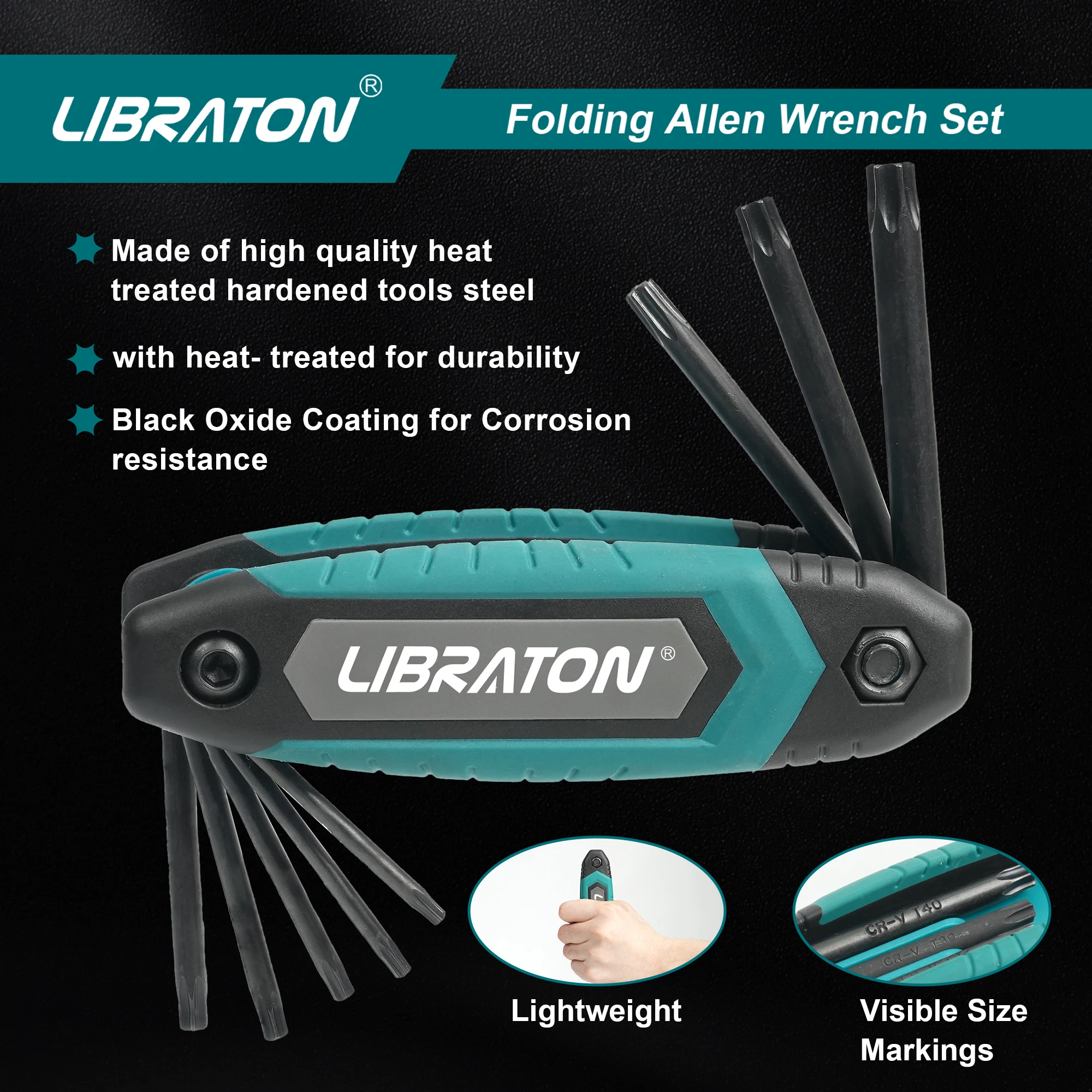 Libraton 8 in 1 Folding Torx Hex Key Allen Pocket Portable Star Wrench Kit Sizes T-9 to T-40 for Bicycle Maintenance