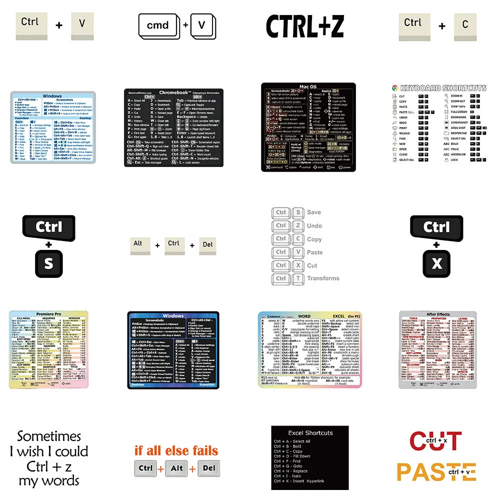 Autocollant de raccourci pour ordinateur portable ou PC, guide du clavier de référence rapide, Windows, Word, Excel, Adobe Photoshop, 30 pièces