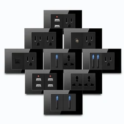 Model 118 Reset Black Glass USA Mexico Thailand Universal Socket Wall Light Button Switch Socket LED Indicator USB Charging