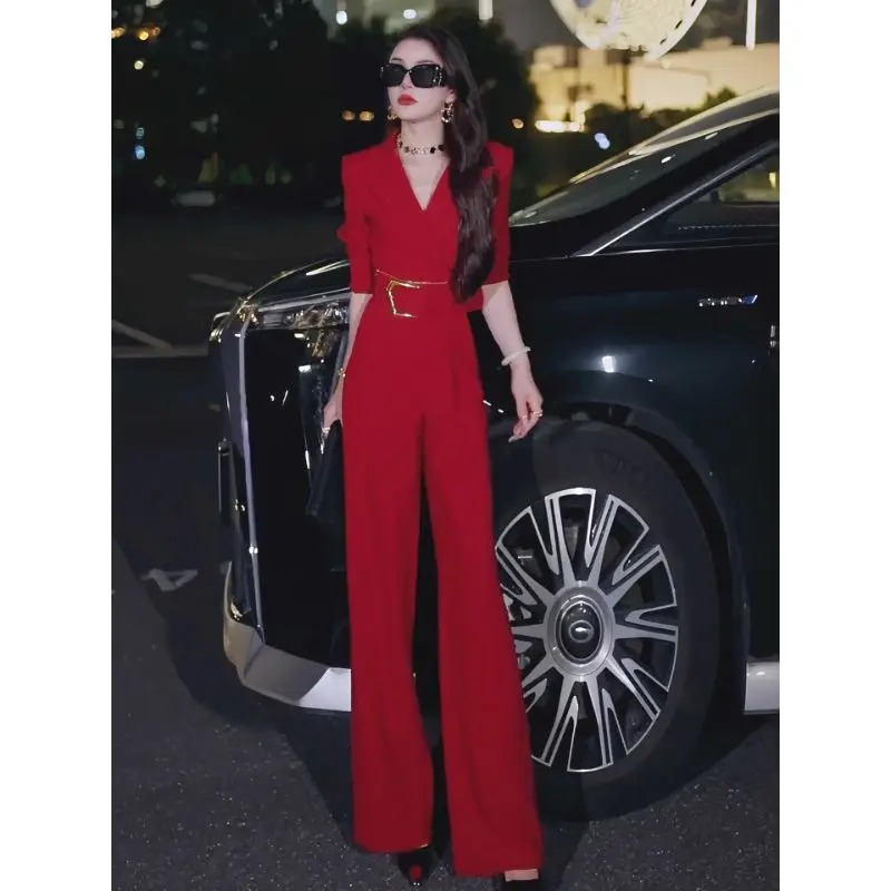 

New High End Office Lady Zipper Two Piece Set Women Fashion Autumn Elegant Slim Long Sleeve Short Jacket + Wide Leg Pants Suit