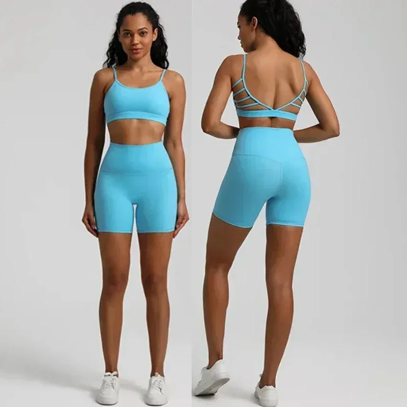 

Lemon Soft Women Sport Suit High Waist Shorts Cross Fitness Bra 2pc Short Legging Yoga Set Gym Workout Training Hollow Out