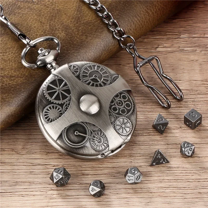 Vintage Engraved Gear Cover Pocket Watch Case with Fob Chain 7Pcs/set Metal Polyhedral Dice Game Accessory Role Play Gaming
