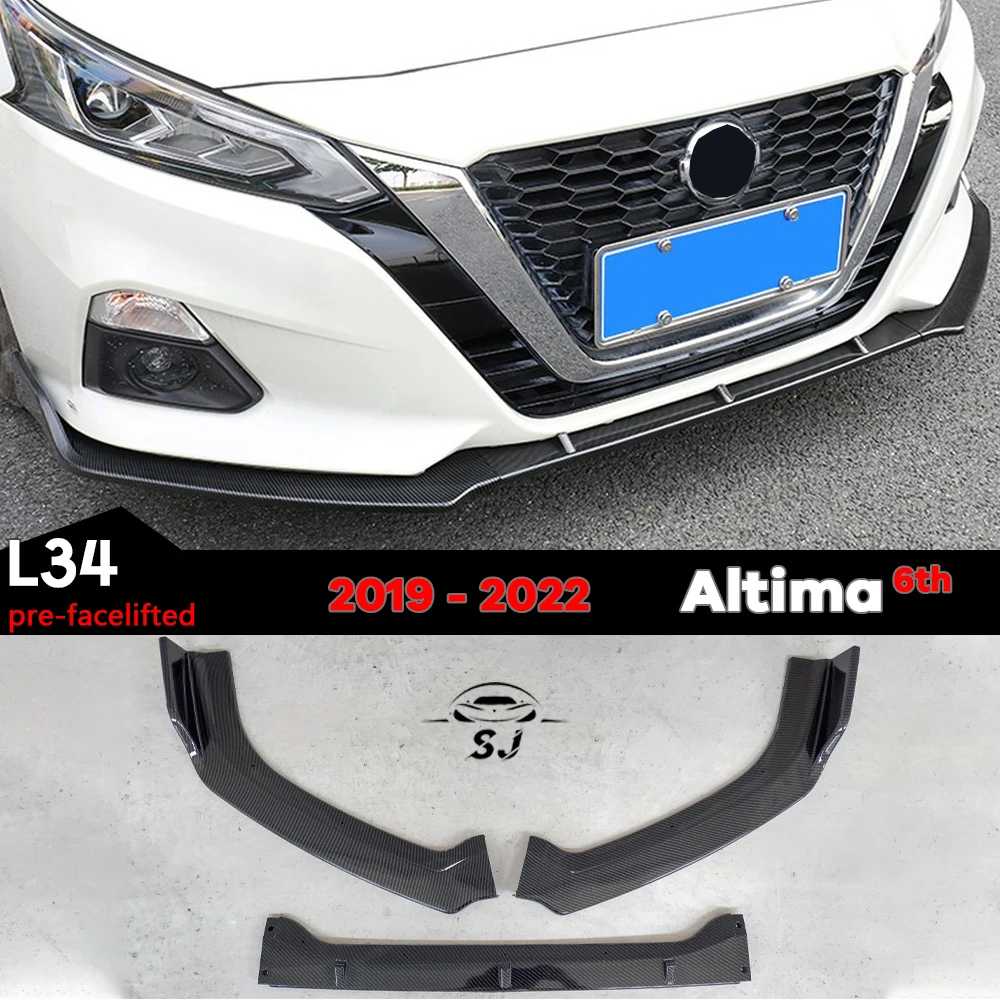 3PCS Gloss Black & Carbon Fiber Printing Front Bumper Splitter Canard Lip for Nissan 2019 - 2022 Altima 6th L34 (Pre-facelifted)