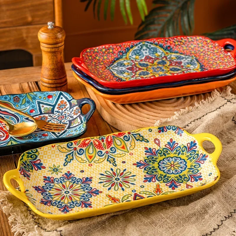 13in Bohemian double-eared fish plate household steamed fish plate large rectangular fish serving plate ceramic vegetable plate