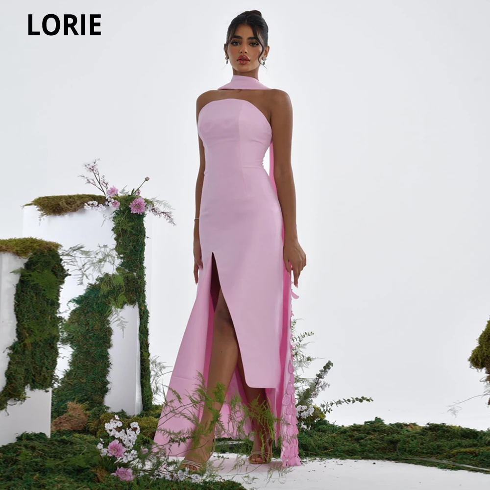 

LORIE Pink Mermaid Evening Dresses Vestidos De Fiesta Strapless Leg Slit Cape With Petal Crystals Formal Gowns Evening Gowns