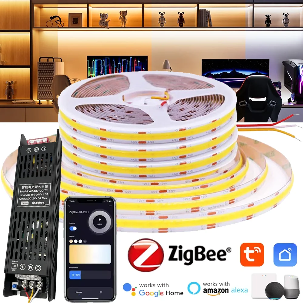 zigbee30-24v-cob-cct-ledストリップライト-5m-10m-調光可能-フレキシブルledテープ-リニアリボン-ワードローブ装飾-alexa-googleアシスタント対応