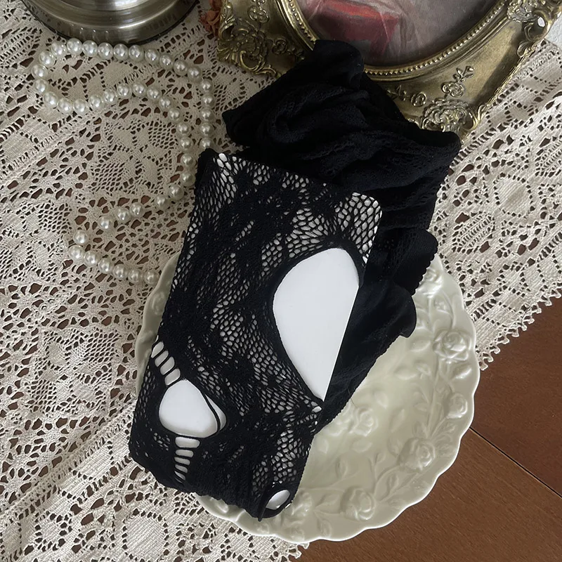 Gothic Dark Style Subculture Style Hollow Out Underwear Button Turn-Down Collar Mid-Calf Socks Lace Calf Stocking Women's Tights
