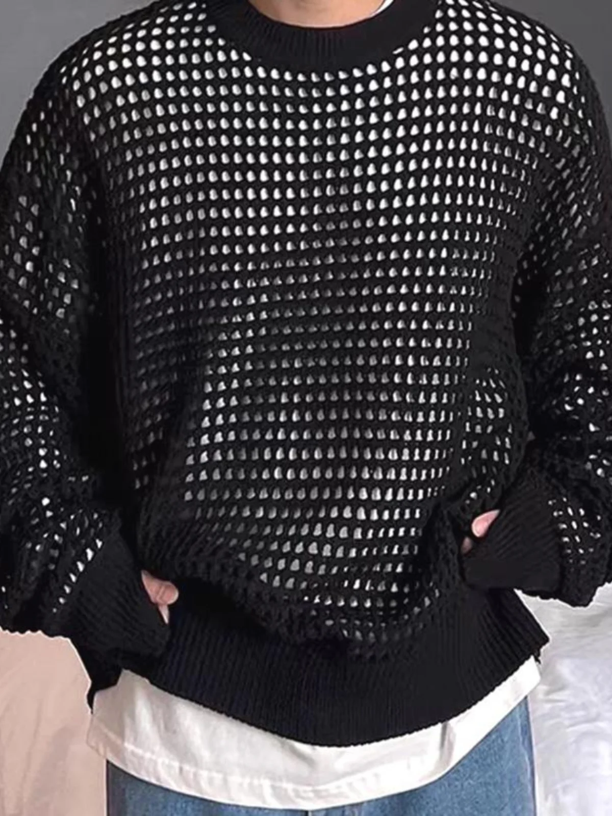 Laid-back Style Hollow out Knitted Long Sleeve Sweatshirt round Neck Pullover Men's Casual Loose Fit T-shirt Autumn Thickened