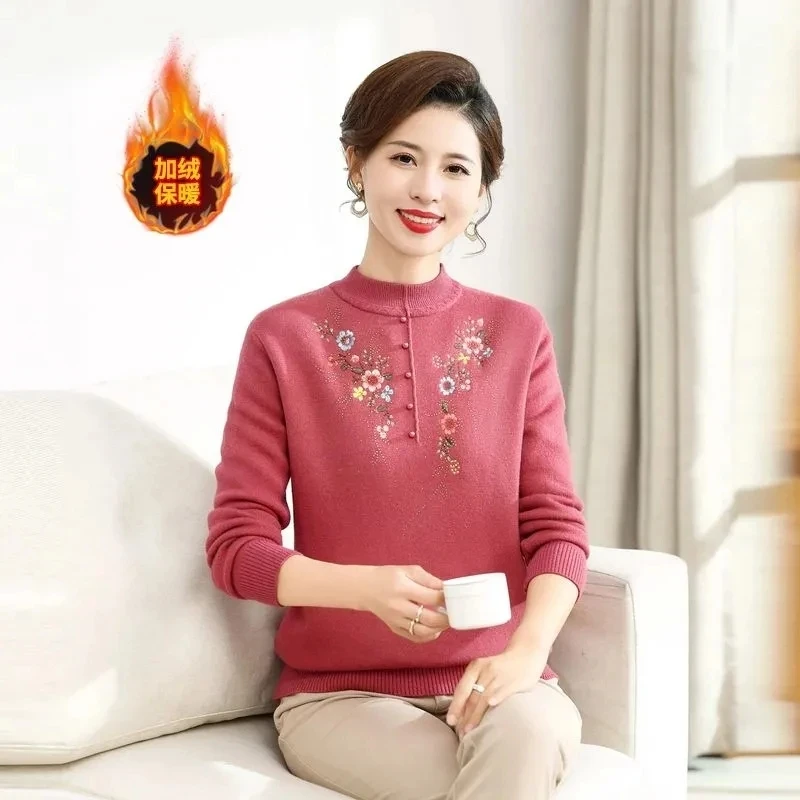 Autumn Winter Mother Warm Sweater Integrated Velvet Embroidered Sweaters Middle-aged Elderly Women Thick Knitted Pullover Tops