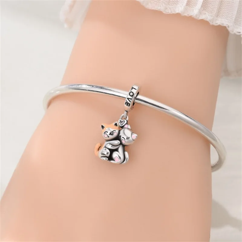 925 Sterling Silber Katzen-Umarmungs-Anhänger für Damen, passend für Original-Armbänder, DIY Geburtstagsgeschenk, Schmuck – Detail 2