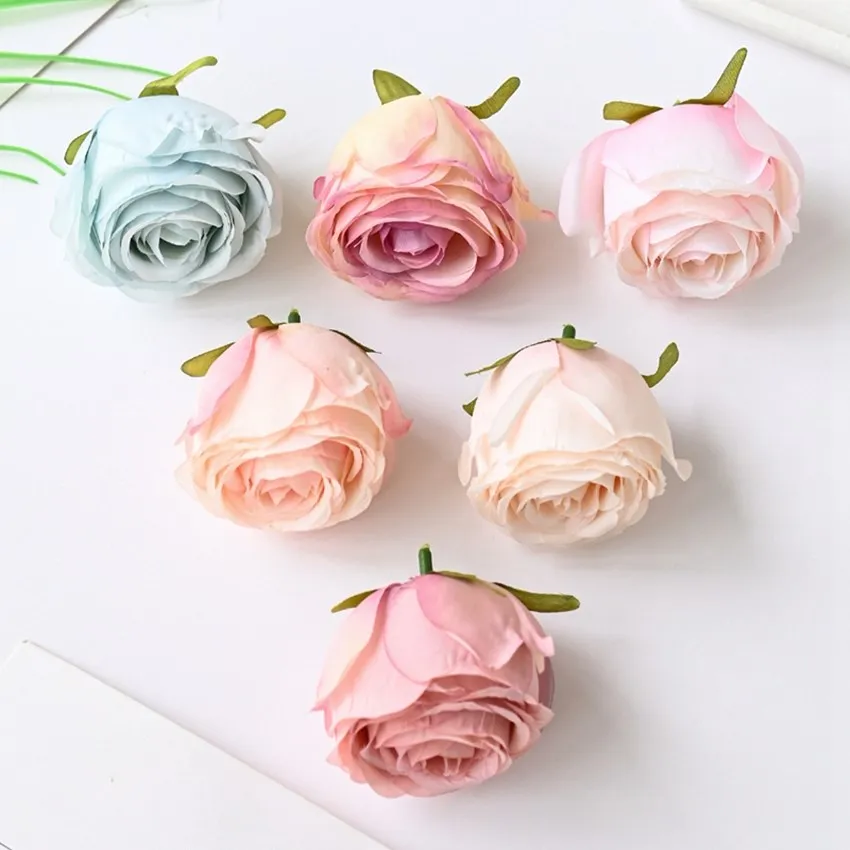 50Pcs Silk Artificial Round Heart Rose Head for Christmas Wreaths accessories Home Decorative Bouquet Wedding garden arch Decor